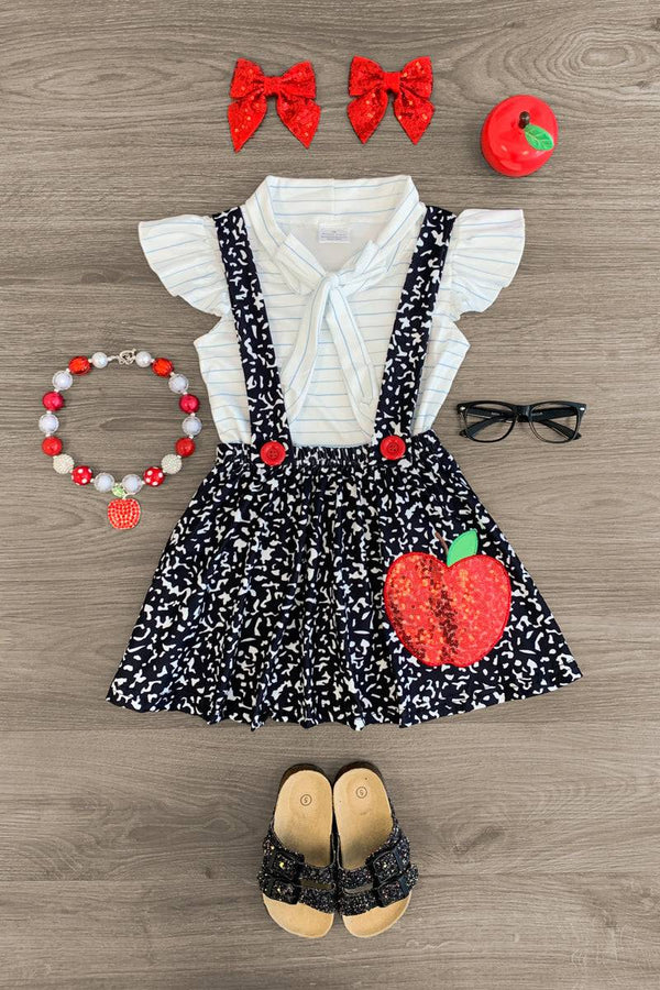 ( Moq 5 ) Preorder Baby Girls Short Sleeves Stripes Tops Apple Suspenders Skirt Back to School Clothes Set