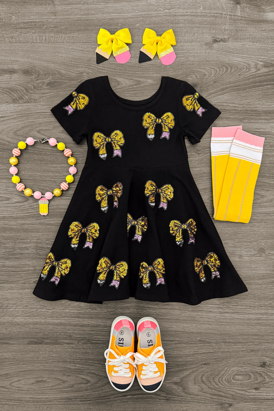( Moq 5 ) Preorder Baby Girls Short Sleeves Pencil Bows Back to School Knee Length Dress