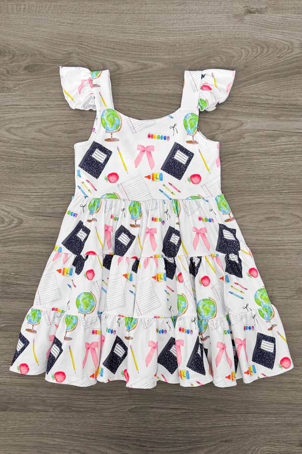 ( Moq 5 ) Preorder Baby Girls Short Sleeves Pencil Bows Back to School Knee Length Dress
