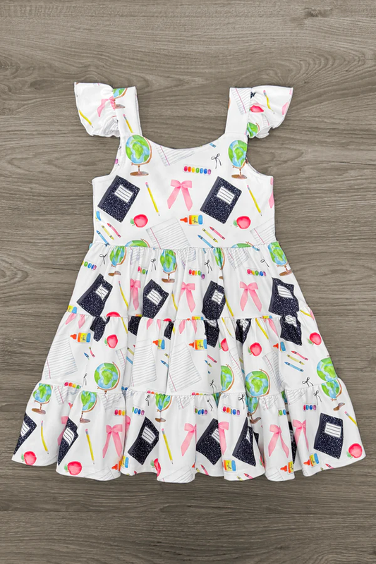 ( Moq 5 ) Preorder Baby Girls Short Sleeves Pencil Bows Back to School Knee Length Dress