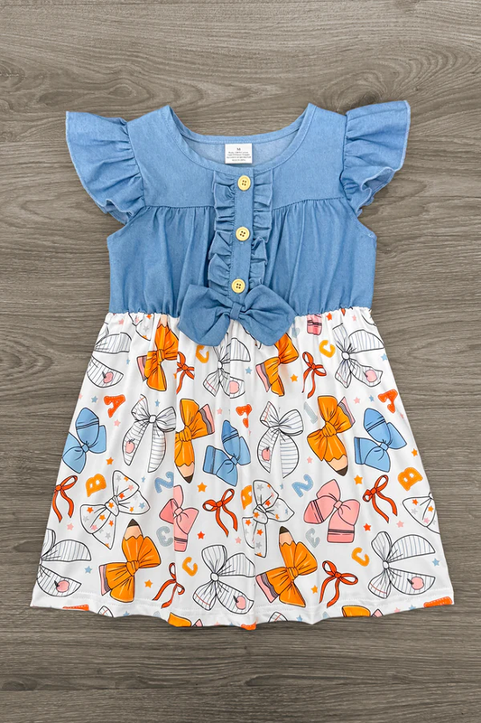 ( Moq 5 ) Preorder Baby Girls Short Sleeves Pencil Bows Buttons Back to School Knee Length Dress