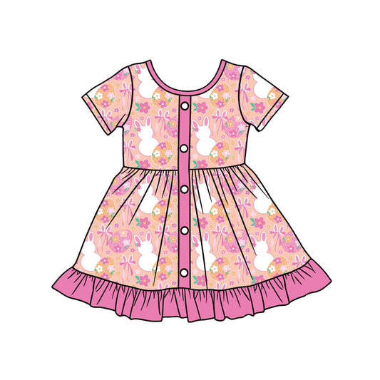 ( Moq 5 ) Preorder Baby Girls Short Sleeves Rabbits Bows Eggs Flower Easter Buttons Ruffle Dress
