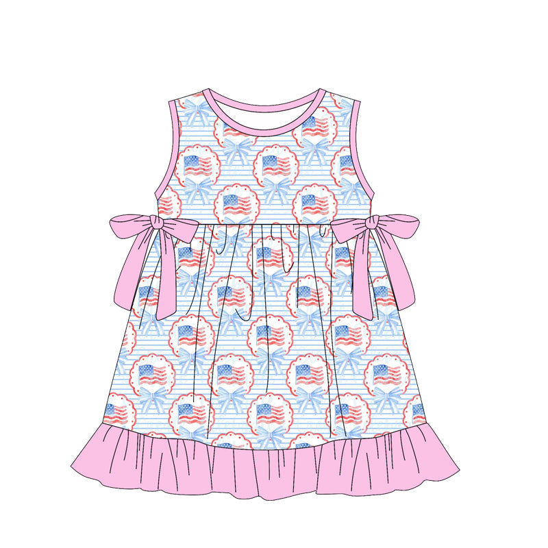 ( Moq 5 ) Preorder Baby Girls Sleeveless Flags Bows 4th of July Knee Length Dress