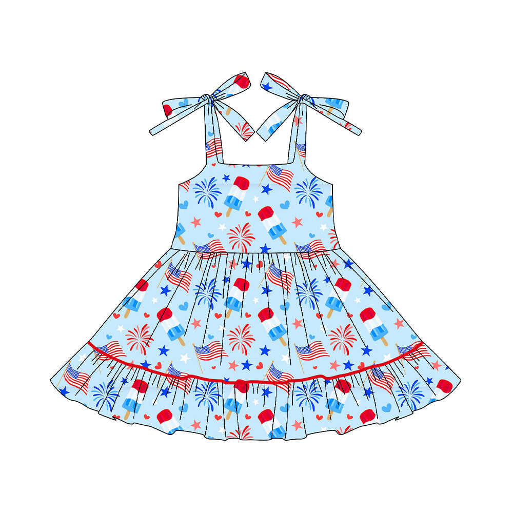 ( Moq 5 ) Preorder Baby Girls Straps Popsicles Flags 4th of July Ruffle Blue Knee Length Dress