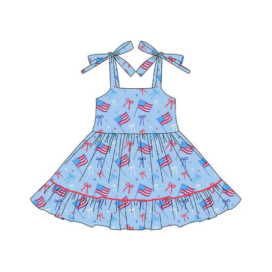 ( Moq 5 ) Preorder Baby Girls Straps Flags Bows 4th of July Ruffle Knee Length Dress