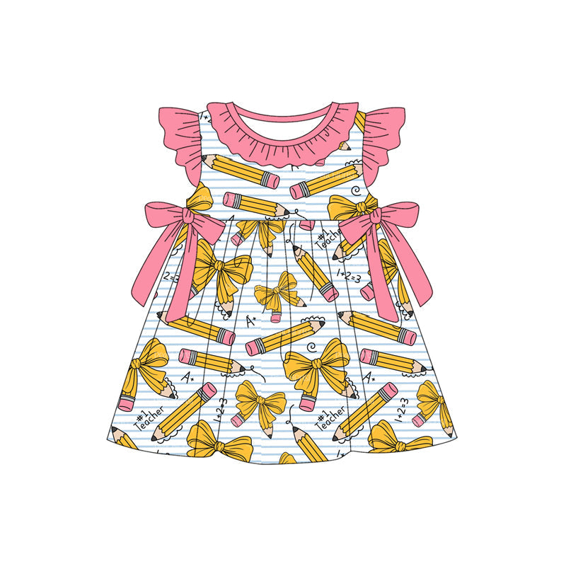( Moq 5 ) Preorder Baby Girls Short Sleeves Pencils Bows Back To School Knee Length Dress