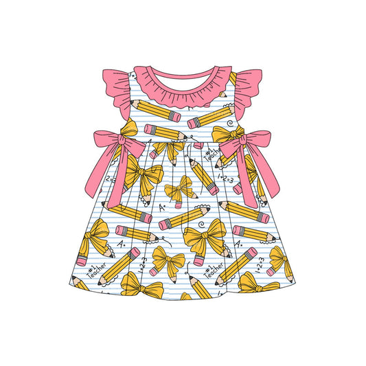 ( Moq 5 ) Preorder Baby Girls Short Sleeves Pencils Bows Back To School Knee Length Dress