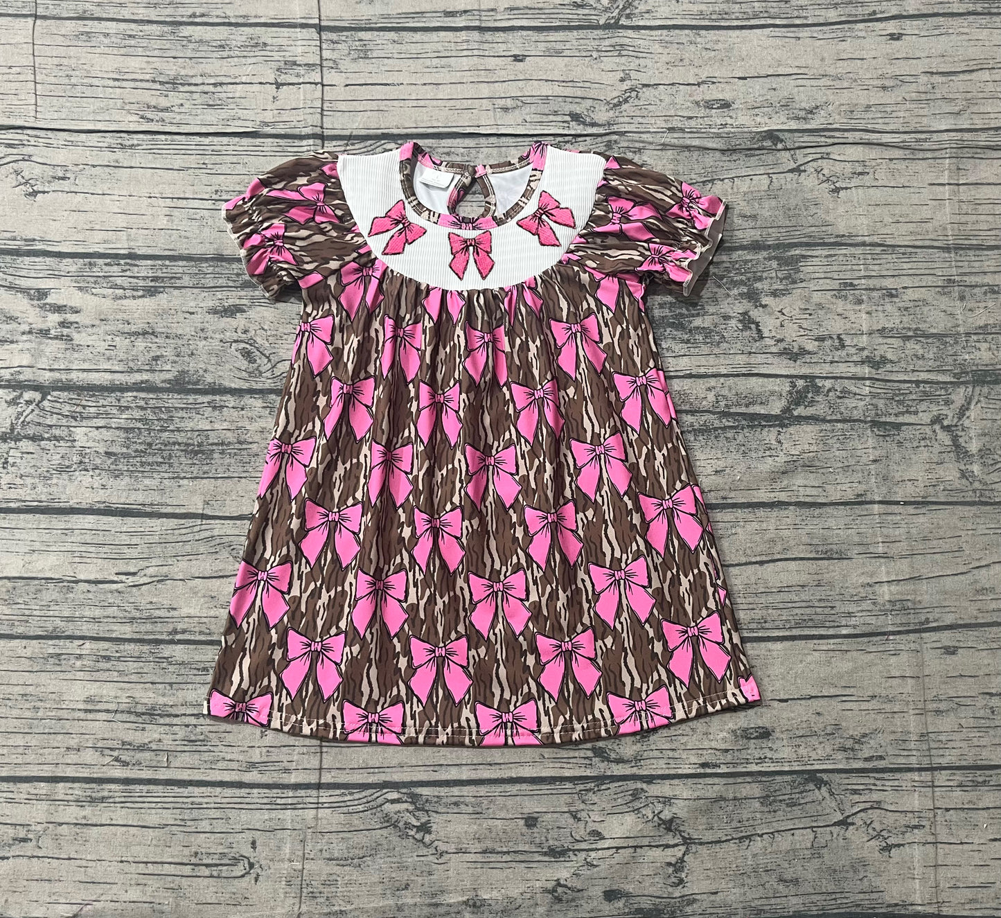 ( No moq ) Preorder Baby Girls Kids Short Sleeves Embroidery Bows Southern Camo Smocked Dress