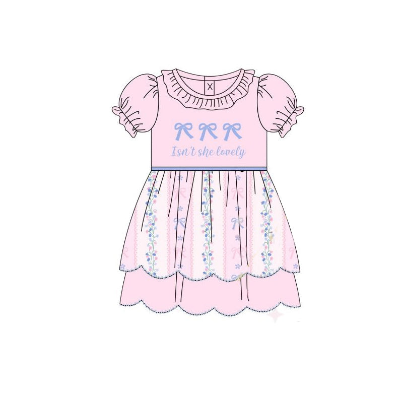 ( Moq 5 ) Preorder Baby Girls Short Sleeves Bows Flowers Ruffle Knee Length Dress