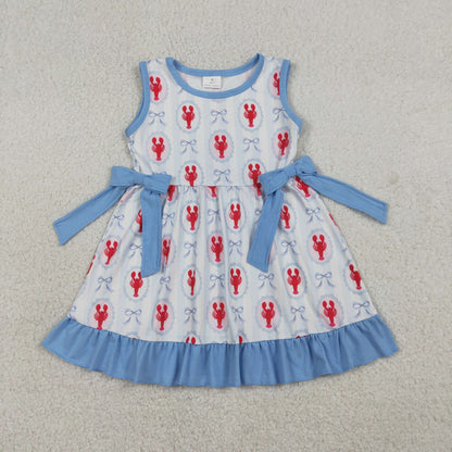 Sibling Baby Girls Kids Sleeveless Crawfish Blue Bows Stripes 4th of July Romper Dress Set RTS
