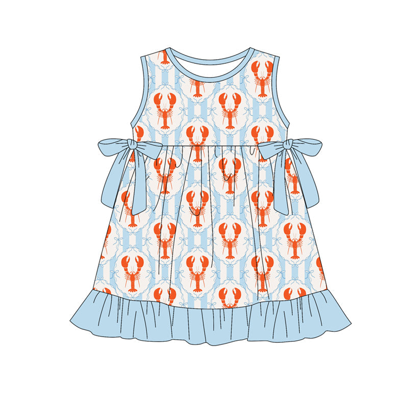 ( Moq 5 ) Preorder Baby Girls Sleeveless Blue Bows Crayfish Ruffle Knee Length Dress