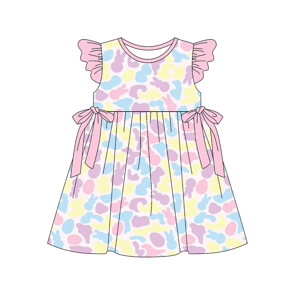 ( Moq 5 ) Preorder Baby Girls Kids Short Sleeves Rabbits Camo Bows Easter Knee Length Dress