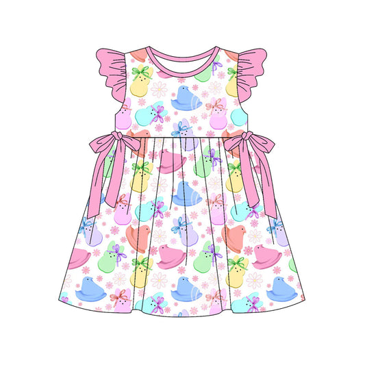 ( Moq 5 ) Preorder Baby Girls Kids Short Sleeves Rabbits Flowers Bows Easter Knee Length Dress