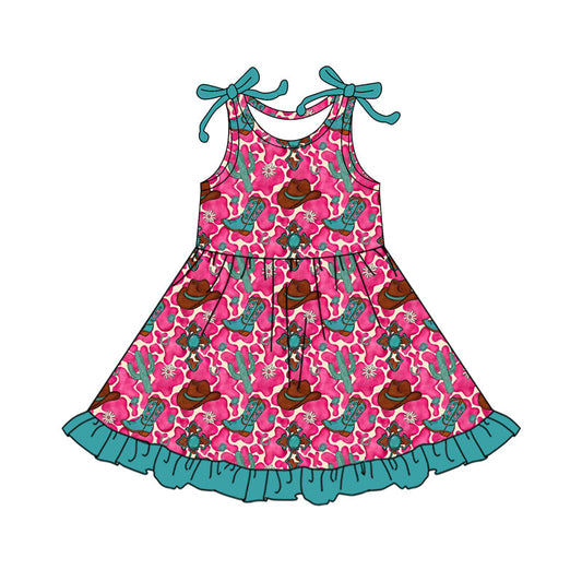 ( Moq 5 ) Preorder Baby Girls Cactus Boots Pink Cow Print Crosses Easter Knee Length Dress