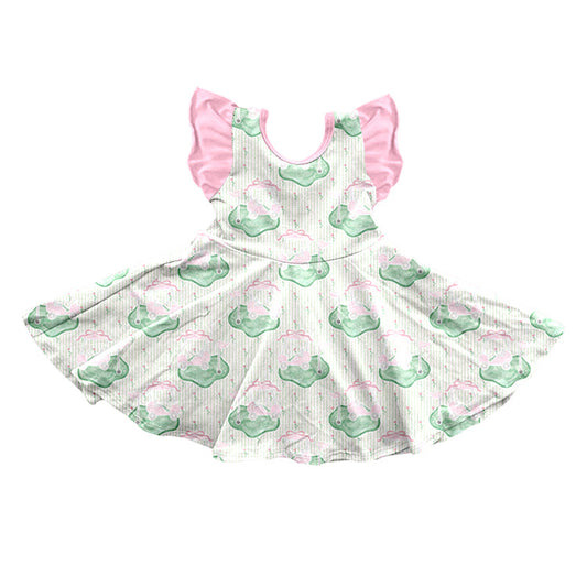 ( Moq 5 ) Preorder Baby Girls Kids Short Sleeves Golf Trucks Bows Knee Length Dress