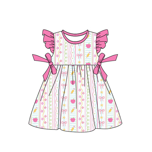 ( Moq 5 ) Preorder Baby Girls Pencil Apple Bows Flower Back to School Knee Length Dress