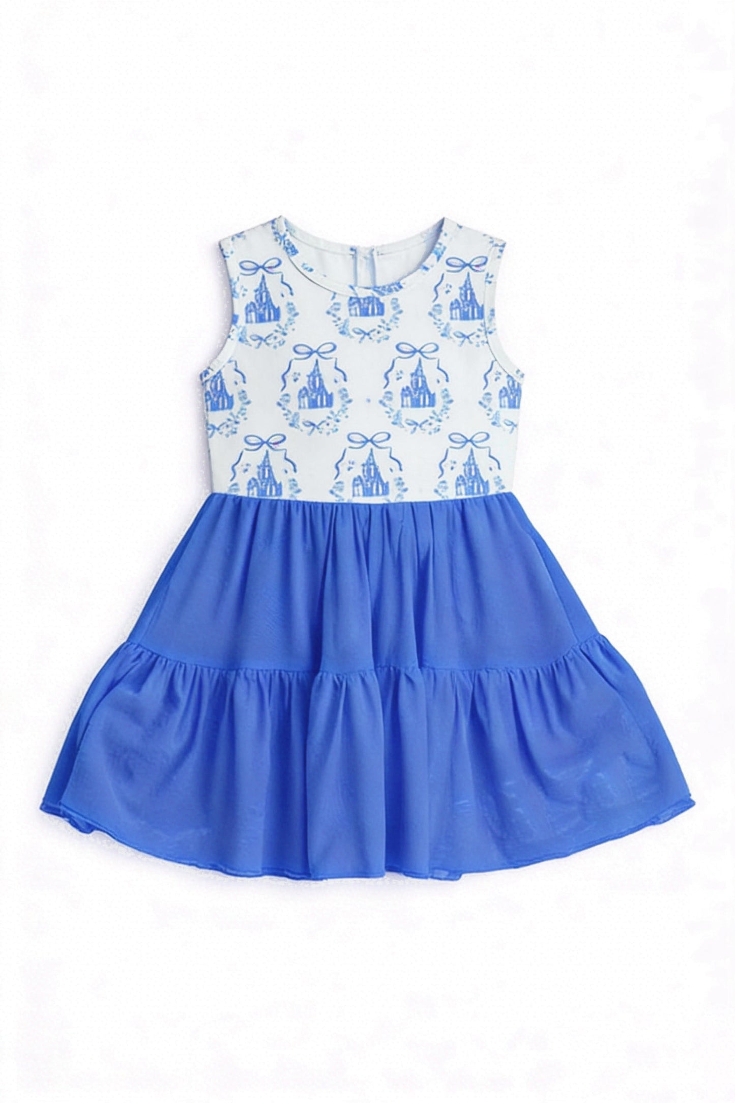 ( Moq 5 ) Preorder Baby Girls Kids Sleeveless Castles Bows Blue Yoga Active Knee Length Yoga Dress