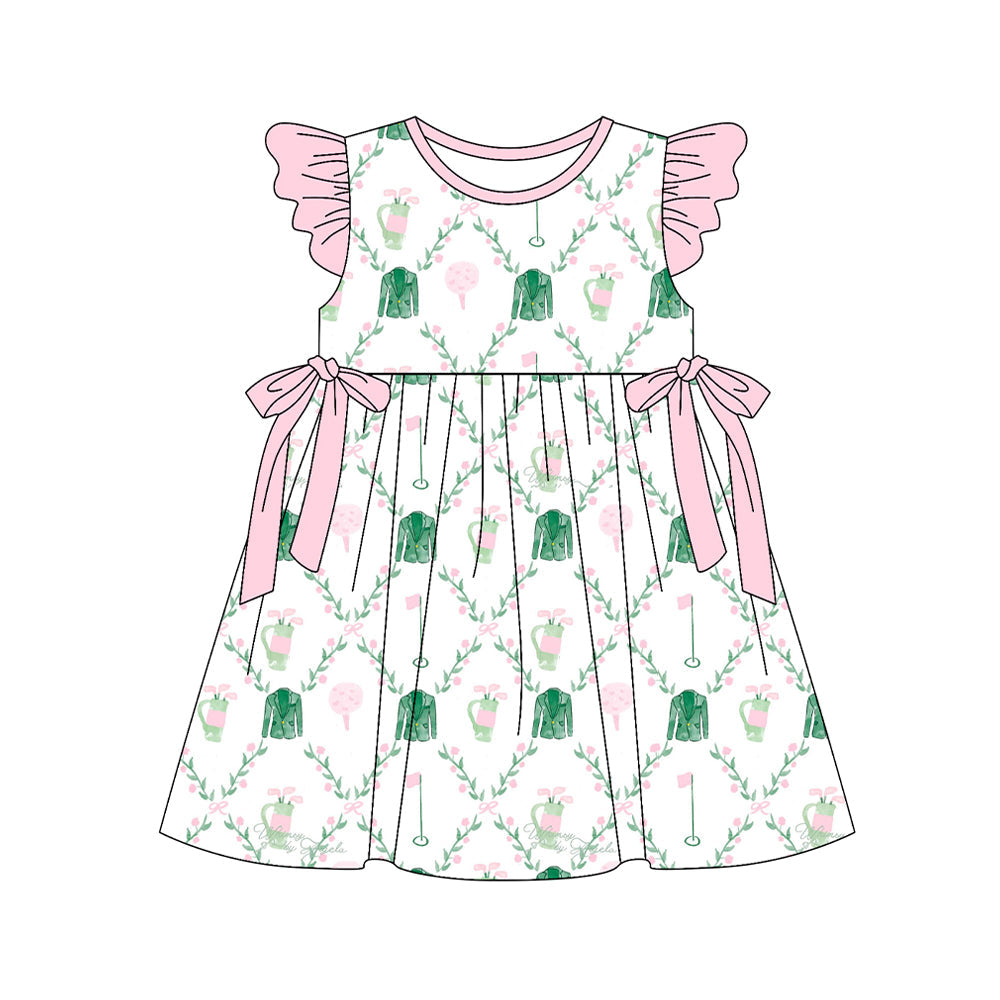 ( Moq 5 ) Preorder Baby Girls Short Sleeves Golf Floral Pink Bows Knee Length Dress
