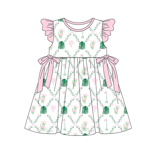 ( Moq 5 ) Preorder Baby Girls Short Sleeves Golf Floral Pink Bows Knee Length Dress