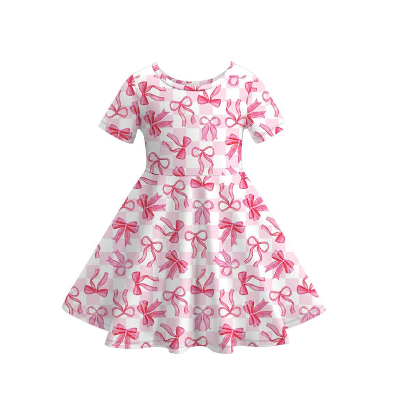 ( Moq 5 ) Preorder Baby Girls Kids Short Sleeves Pink Bows Plaid Knee Length Dress