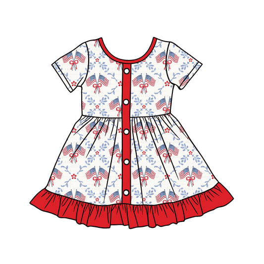( Moq 5 ) Preorder Baby Girls Short Sleeves Flags Bows Flower 4th of July Knee Length Dress
