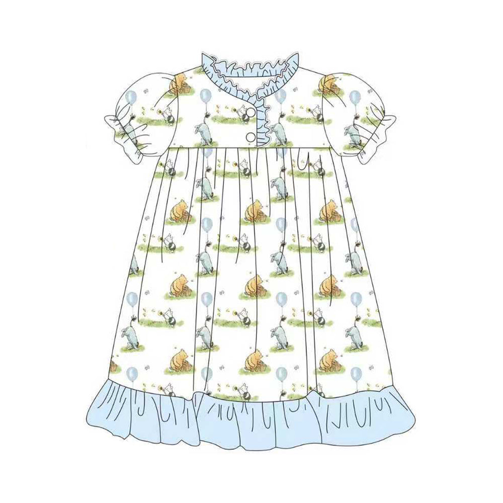 ( Moq 5 ) Preorder Baby Girls Short Sleeves Bear Buttons Blue Ruffle Knee Length Gown Dress