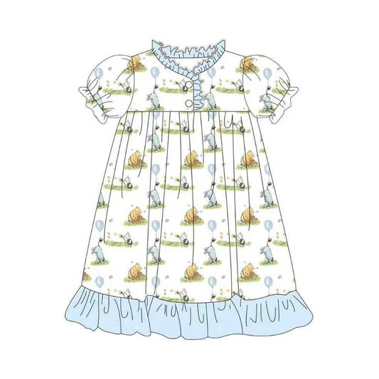 ( Moq 5 ) Preorder Baby Girls Short Sleeves Bear Buttons Blue Ruffle Knee Length Gown Dress