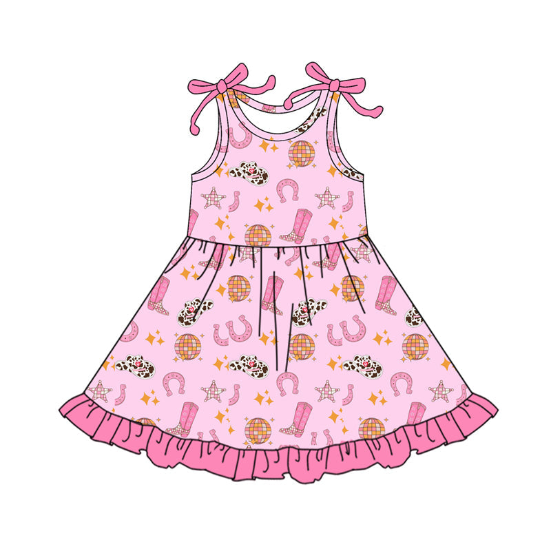 ( Moq 5 ) Preorder Baby Girls Straps Western Hats Boots Pink Ruffle Knee Length Dress