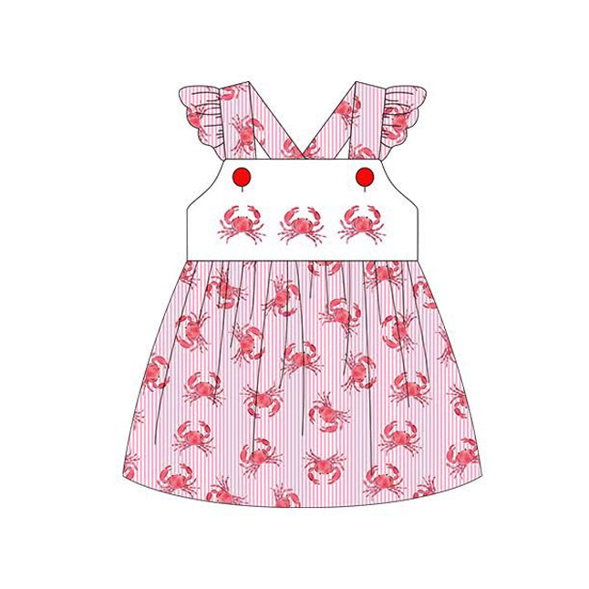 ( Moq 5 ) Preorder Baby Girls Short Sleeves Crabs Stripes Summer Knee Length Dress