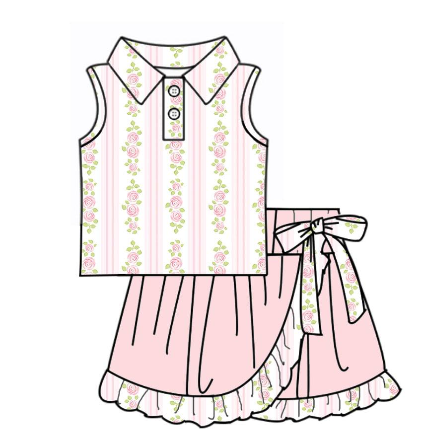 ( Moq 5 ) Preorder Baby Girls Flower Buttons Tops Ruffle Pink Skirt Shorts Yoga Active Clothes Set