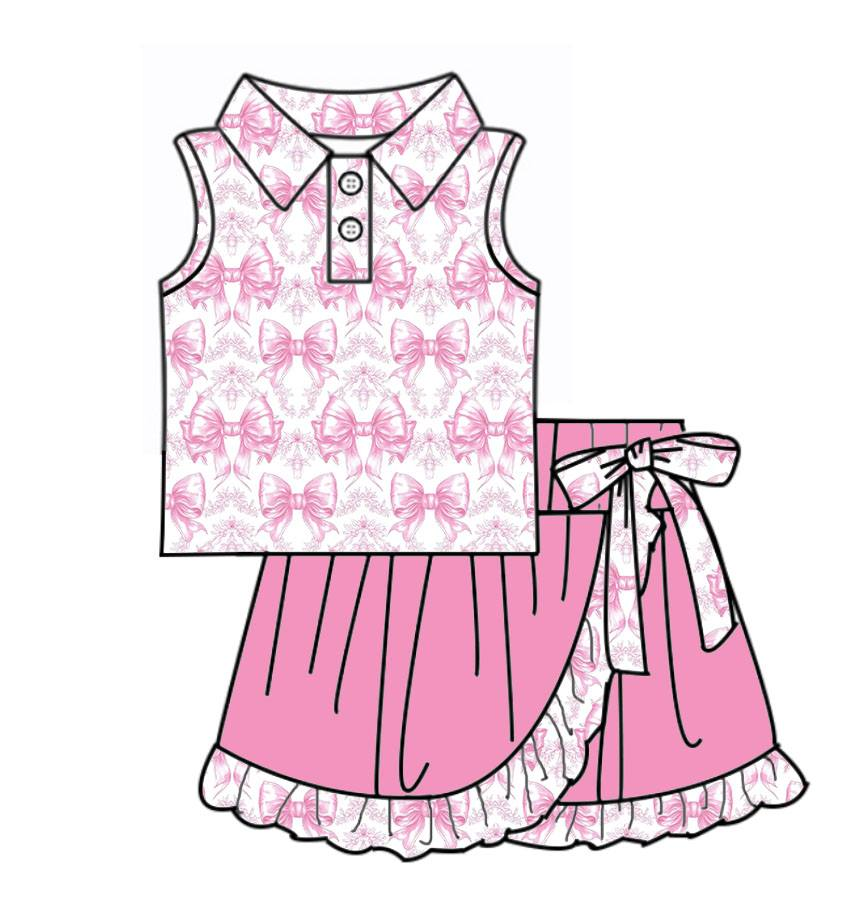 ( Moq 5 ) Preorder Baby Girls Bows Buttons Shirt Ruffle Pink Skirt Shorts Yoga Active Clothes Set