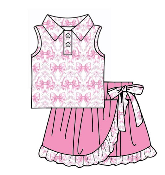 ( Moq 5 ) Preorder Baby Girls Bows Buttons Shirt Ruffle Pink Skirt Shorts Yoga Active Clothes Set
