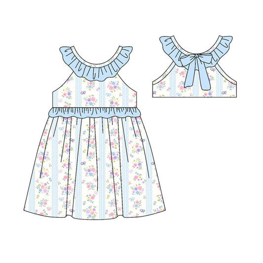 ( Moq 5 ) Preorder Baby Girls Kids Flower Bows Blue Ruffle Knee Length Dress