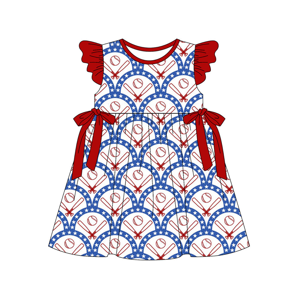 ( Moq 5 ) Preorder Baby Girls Short Sleeves Baseball Stars Red Bows 4th of July Knee Length Dress
