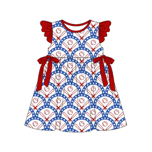 ( Moq 5 ) Preorder Baby Girls Short Sleeves Baseball Stars Red Bows 4th of July Knee Length Dress