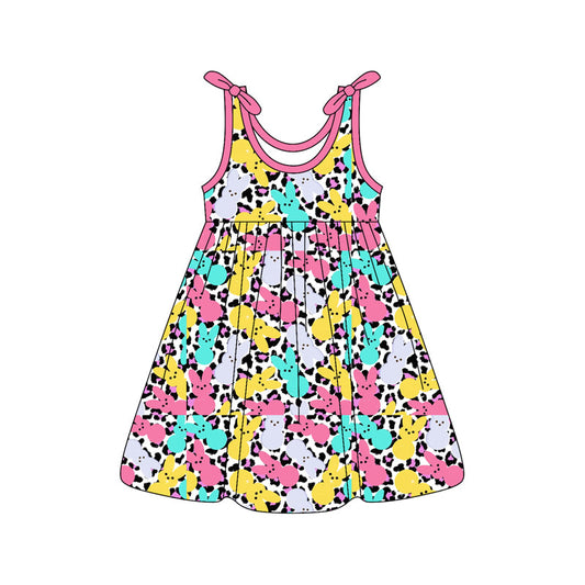 ( Moq 5 ) Preorder Baby Girls Kids Straps Rabbits Leopard Easter Knee Length Dress