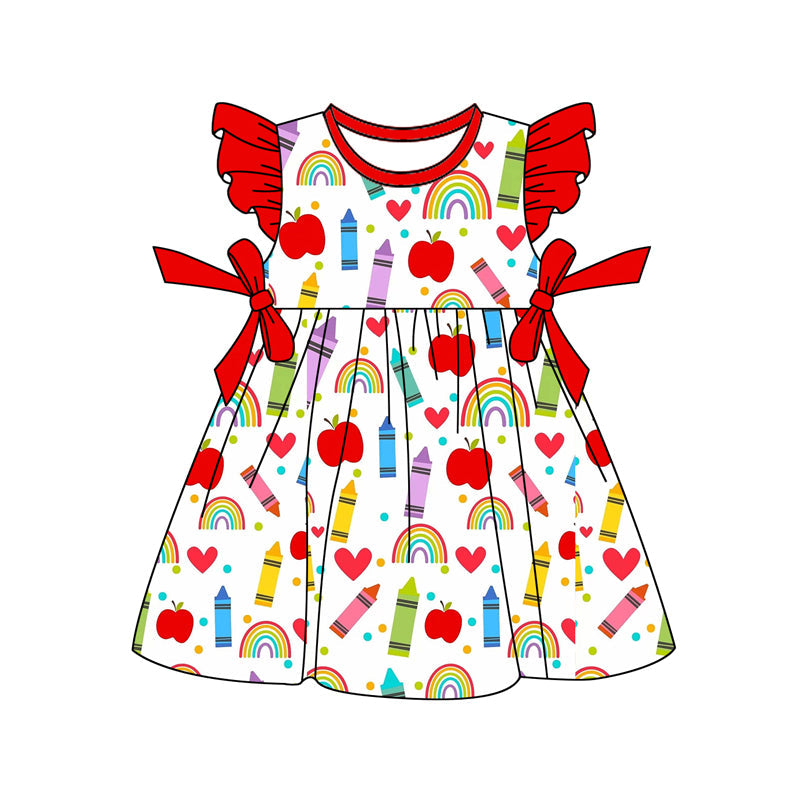 ( Moq 5 ) Preorder Baby Girls Short Sleeves Apple Hearts Red Bows Back to School Dress