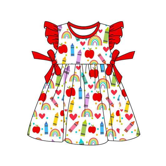 ( Moq 5 ) Preorder Baby Girls Short Sleeves Apple Hearts Red Bows Back to School Dress