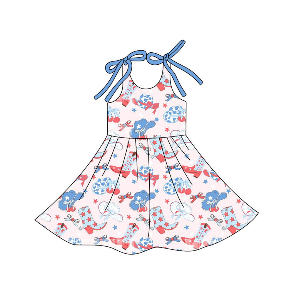 ( Moq 5 ) Preorder Baby Girls Kids Straps Boots Hats Bows Stars 4th of July Knee Length Dress