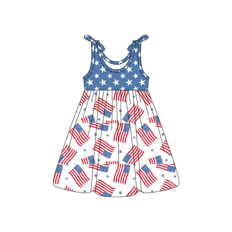 ( Moq 5 ) Preorder Baby Girls Sleeveless Flags Stars Print 4th of July Knee Length Dress