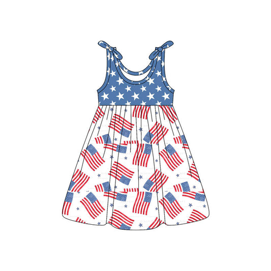( Moq 5 ) Preorder Baby Girls Sleeveless Flags Stars Print 4th of July Knee Length Dress