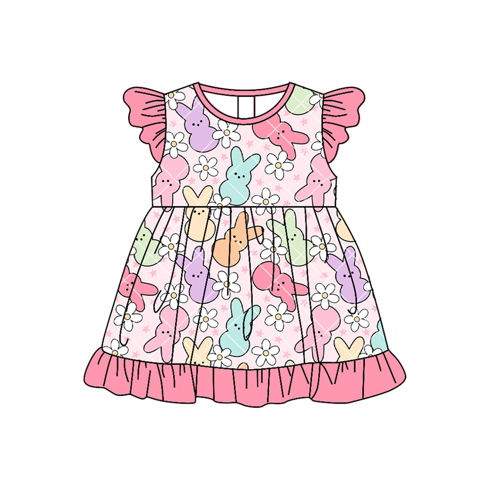 ( Moq 5 ) Preorder Baby Girls Short Sleeves Rabbits Flowers Easter Knee Length Dress