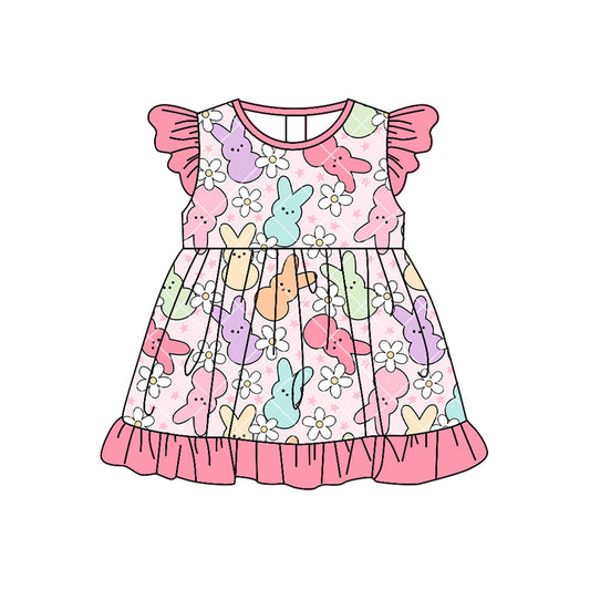 ( Moq 5 ) Preorder Baby Girls Short Sleeves Rabbits Flowers Easter Knee Length Dress