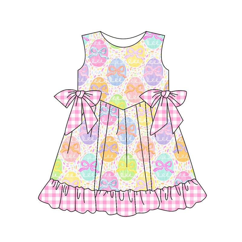 ( Moq 5 ) Preorder Baby Girls Colorful Eggs Bows Plaid Ruffle Easter Knee Length Dress