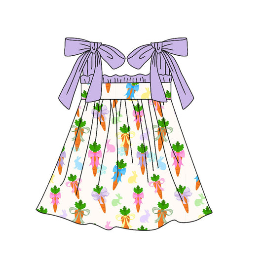 ( Moq 5 ) Preorder Baby Girls Straps Rabbits Carrots Bows Easter Knee Length Dress