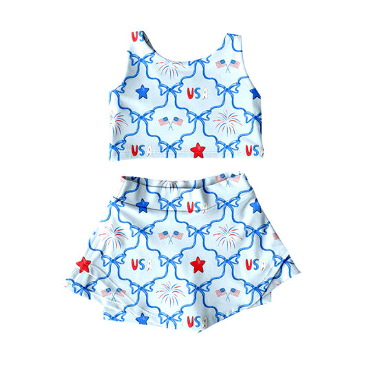 ( Moq 5 ) Preorder Baby Girls Kids Flags Stars Bows Tops Skirt Shorts 4th of July Yoga Blue Set