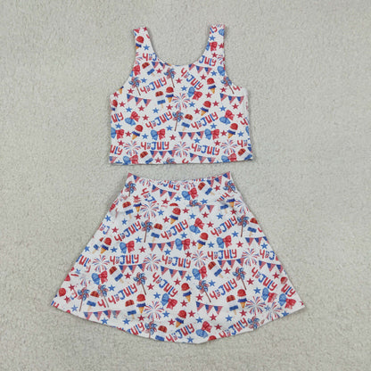 Sibling Baby Girls Kids Flags Bows Tops Skirts Shorts Sets 4th of July Yoga Active Clothes