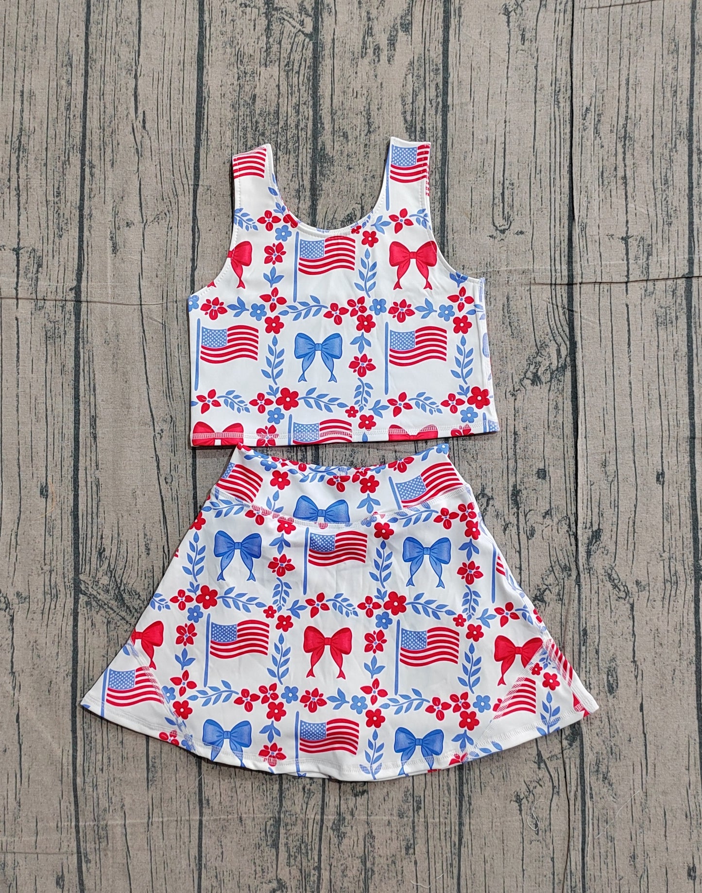 Baby Girls Flags Bows Flowers Tops Skirt Shorts 4th of July Set Yoga Clothes RTS