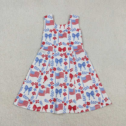 Sibling Baby Girls Kids Sleeveless Flags Bows Flower Shorts Dress Set 4th of July Clothes RTS