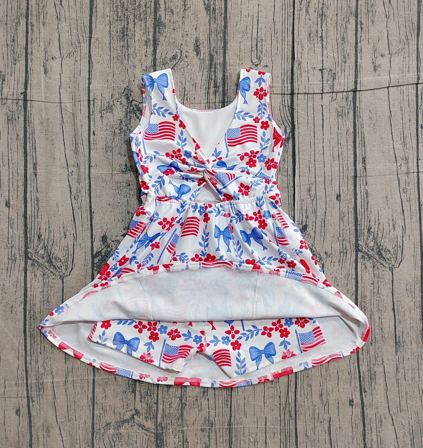 Baby Girls Kids Flags Bows Flowers 4th of July Shorts Knee Length Yoga Dress RTS